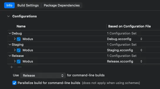 Project → Info → Configurations in Xcode